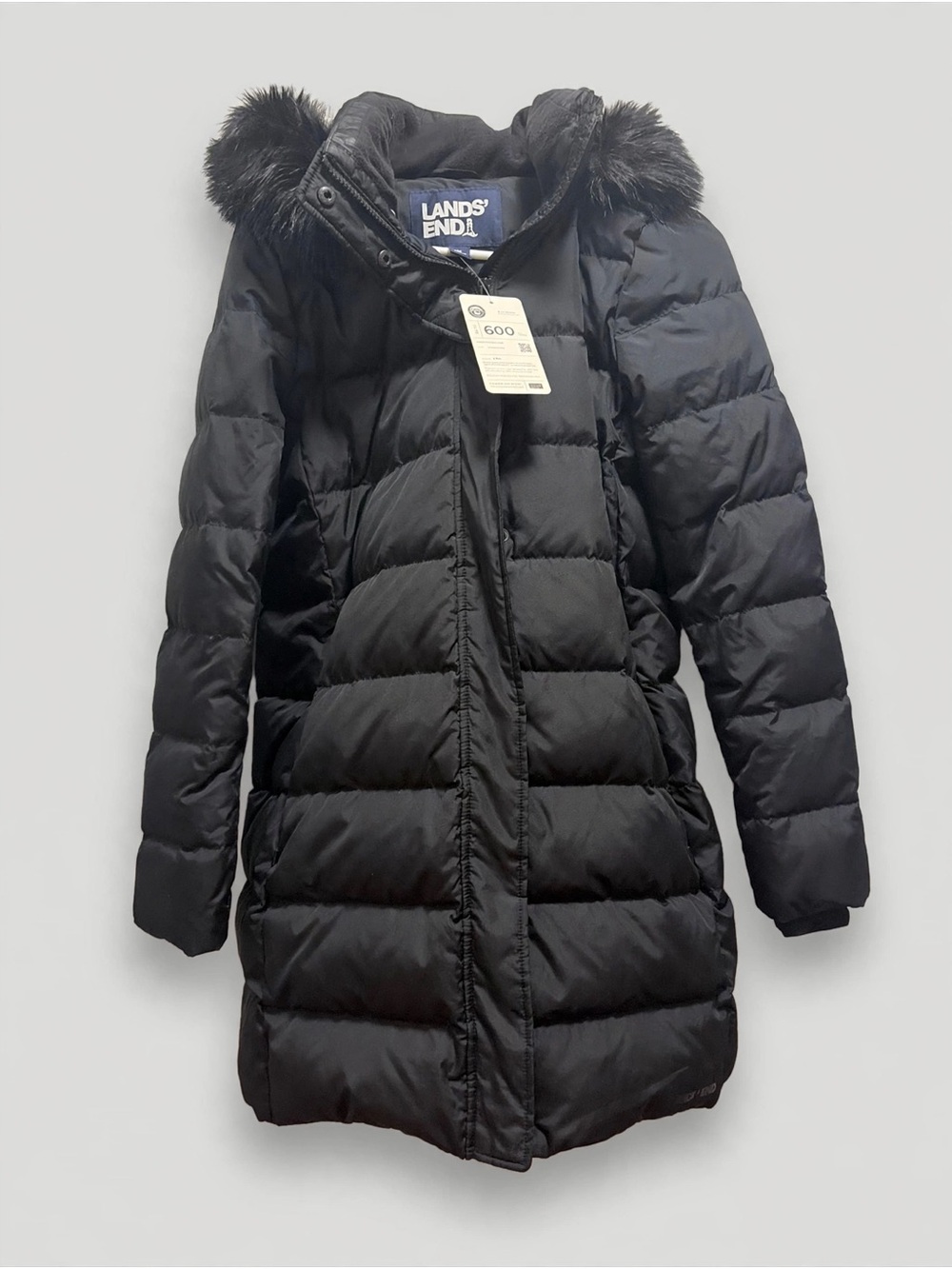 Lands' End Women’s Black Long Puffer Coat with Faux Fur Trimmed Hood